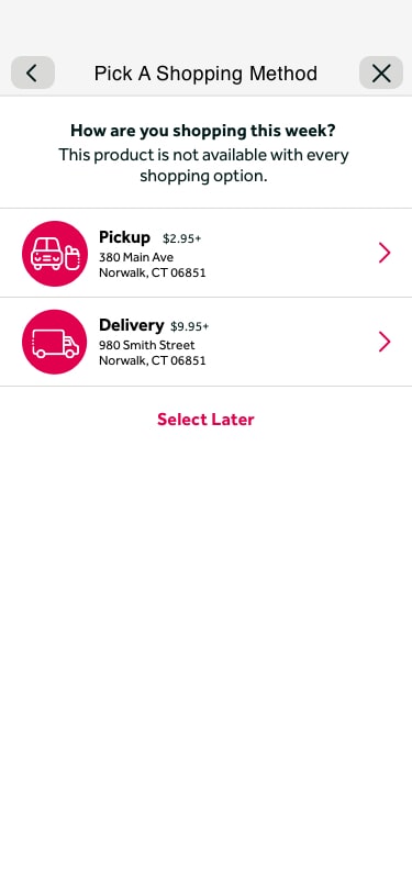 Method selector — pickup/delivery options