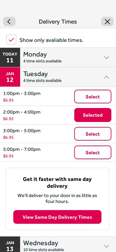 Time selector — Next Day with warning