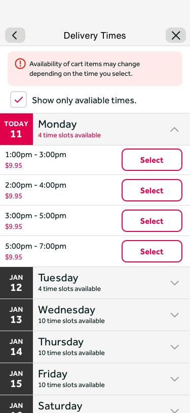 Time selector — Same Day with warning