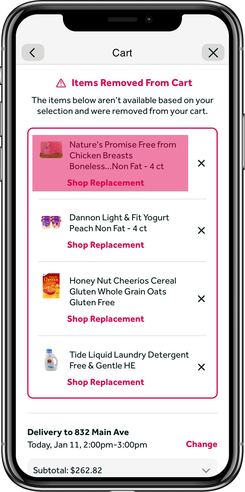 MVP prototype — cart items removed warning